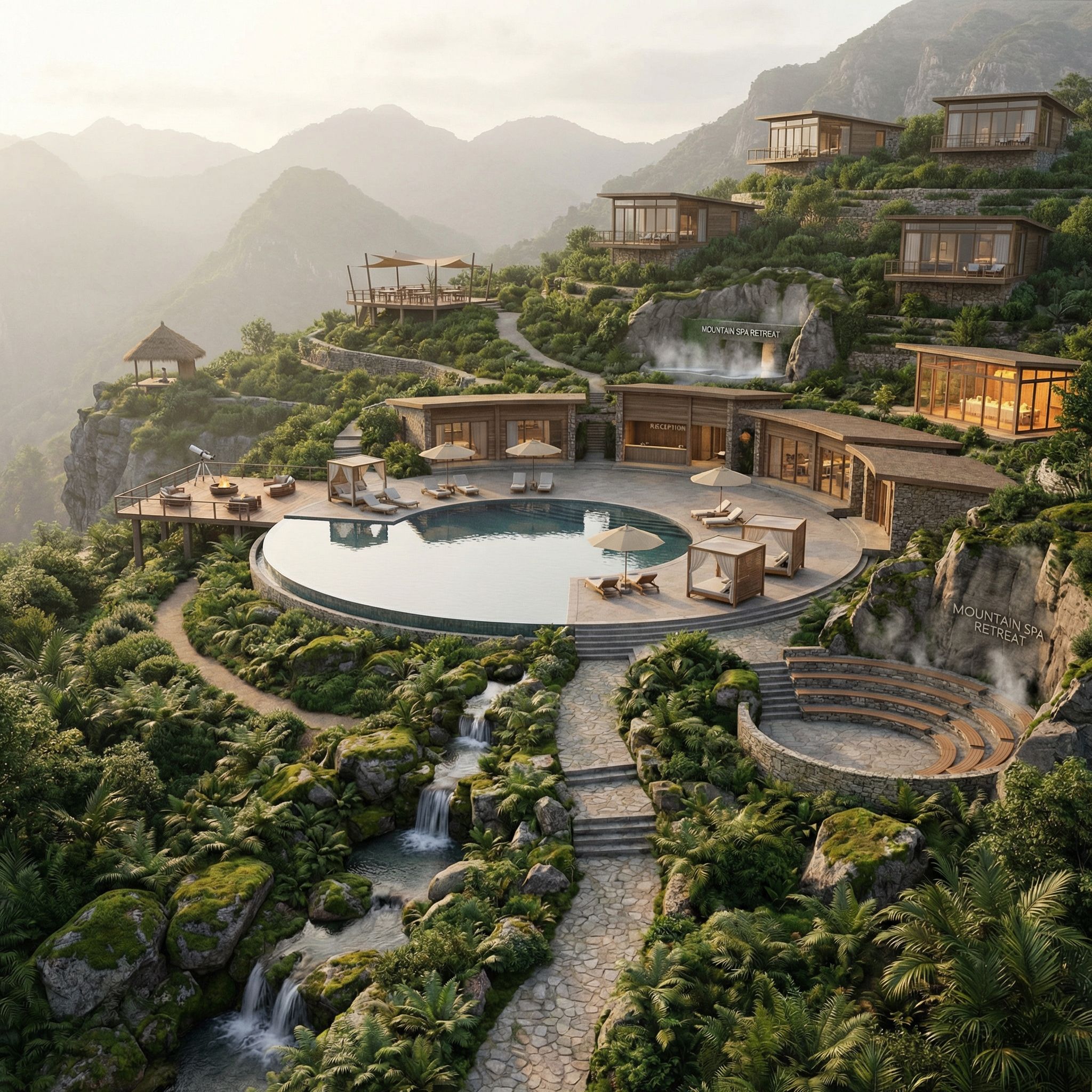 A luxury Mediterranean resort at golden hour